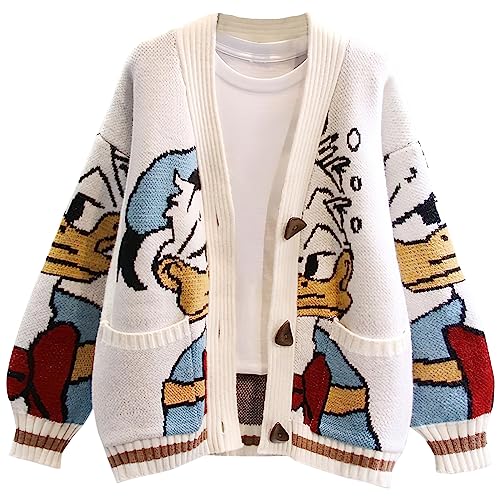 Leyoutx Damen Strickjacke mit niedlicher Stickerei, Cartoon-Ente, Zopfmuster, Pullover, Knopfleiste, lässiger Wollmischmantel, Weiss/opulenter Garten, Einheitsgröße von Leyoutx