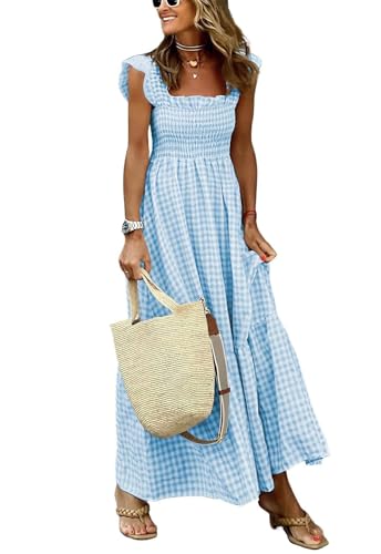 Leyoutx Damen ärmelloses Trägerkleid Retro Plaid A-Linie gesmoktes Maxikleid mit gerüschtem Saum, Himmelblau, X-Groß Leyoutx Damen ärmelloses Trägerkleid Retro Plaid A-Linie gesmoktes Maxikleid mit gerüschtem Saum, Himmelblau, X-Groß von Leyoutx