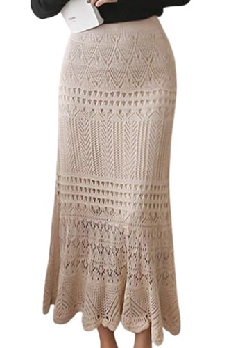 Leyoutx Damen gehäkelte gestrickte dehnbare hohe Taille aushöhlen gefüttert Spitze Maxi Rock, Beige, Mittel von Leyoutx