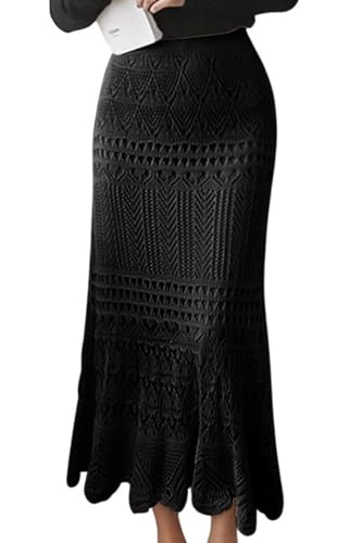 Leyoutx Damen gehäkelte gestrickte dehnbare hohe Taille aushöhlen gefüttert Spitze Maxi Rock, Schwarz, Mittel von Leyoutx