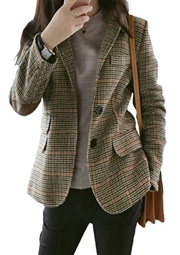 Leyoutx Damenmode gekerbtes Revers Wolle Plaid Blazer Slim Langarm Jacke mit Ellbogen-Patch (Groß, Khaki), Khaki von Leyoutx