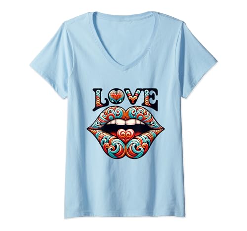 Damen Hippie-Soul Lippen T-Shirt mit V-Ausschnitt Damen Hippie-Soul Lippen T-Shirt mit V-Ausschnitt von LezBCoffee Cute Hippie-Soul Lips