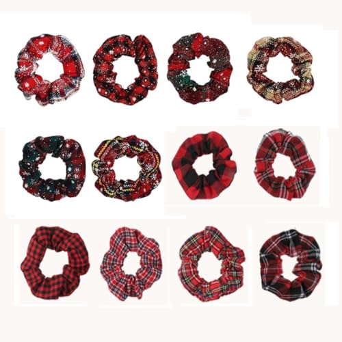 Lezevn 12 Stück Weihnachts-Karo-Haargummis, elastische Haarbänder, Haargummis, Weihnachts-Pferdeschwanz-Halter-Bänder für Frauen und Mädchen von Lezevn
