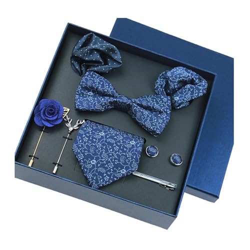 8-teiliges Set Business-Blau Krawatten für Herren Blumenbroschen Pin Manschettenknöpfe Krawattenklammern Schmetterling Fliege,Farbe 17,8 Stück von LfearTesa