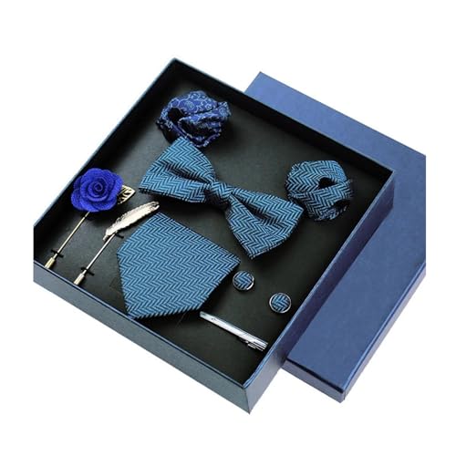 8-teiliges Set Business-Blau Krawatten für Herren Blumenbroschen Pin Manschettenknöpfe Krawattenklammern Schmetterling Fliege,Farbe 24,8 Stück von LfearTesa