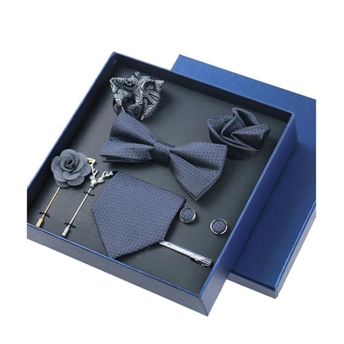 8-teiliges Set Business-Blau Krawatten für Herren Blumenbroschen Pin Manschettenknöpfe Krawattenklammern Schmetterling Fliege,Farbe 7,8 Stück von LfearTesa