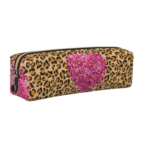 Bleistifttasche, Federmäppchen aus Leder, Schreibwaren-Organizer-Box,Funkelnde rosa Herzen und Leopardenmuster von LfearTesa