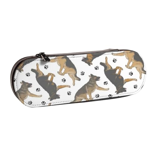 Hartschalen-Federmäppchen, Schreibwaren-Organizer, Federmäppchen und Kosmetiktasche aus Leder, trabende Deutsche Schäferhunde und Pfotenabdrücke von LfearTesa
