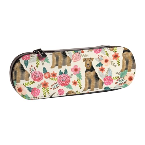 Hartschalen-Federmäppchen, Schreibwaren-Organizer, Federmäppchen und Make-up-Tasche aus Leder, Airedale Terrier-Blumendruck von LfearTesa