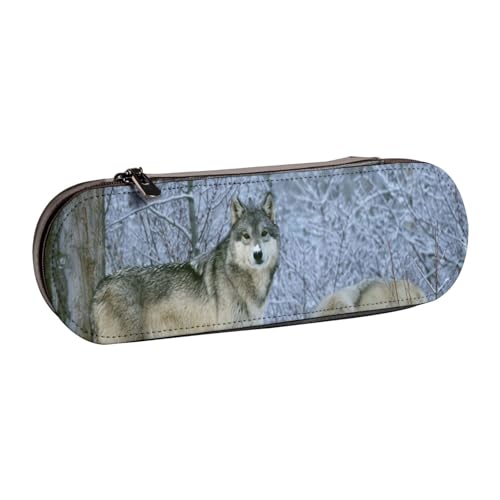 Hartschalen-Federmäppchen, Schreibwaren-Organizer, Federmäppchen und Make-up-Tasche aus Leder, mit Wolfsmotiv von LfearTesa