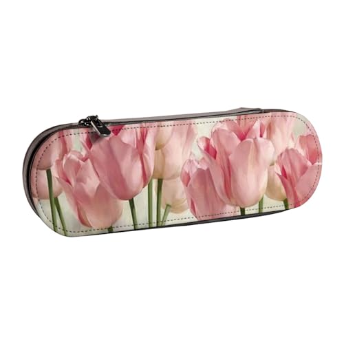 Hartschalen-Federmäppchen, Schreibwaren-Organizer, Federmäppchen und Make-up-Tasche aus Leder, mit rosa Tulpen-Aufdruck von LfearTesa