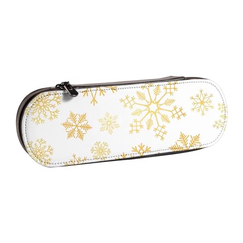 Hartschalen-Federmäppchen, Schreibwaren-Organizer, Leder, Federmäppchen und Make-up-Tasche, Goldfarbene Schneeflocke, Weihnachten, Weiß von LfearTesa
