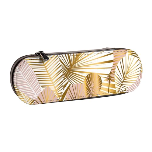 Hartschalen-Federmäppchen, Schreibwaren-Organizer, Leder, Federmäppchen und Make-up-Tasche, Tropische Pflanze in Gold von LfearTesa