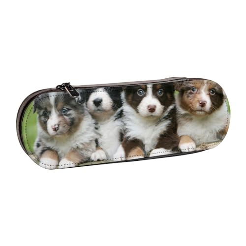 Hartschalen-Federmäppchen, Schreibwaren-Organizer, Leder-Federmäppchen und Make-up-Tasche, Australian Shepherd, kleines Welpenquartett von LfearTesa
