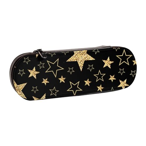 Hartschalen-Federmäppchen, Schreibwaren-Organizer, Leder-Federmäppchen und Make-up-Tasche, goldene Sterne auf schwarzem Hintergrund von LfearTesa