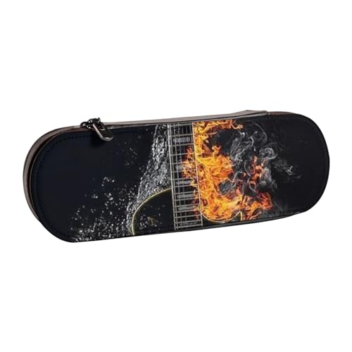 Hartschalen-Federmäppchen, Schreibwaren-Organizer, Leder-Federmäppchen und Make-up-Tasche, kalte Akustikgitarre in Flammen von LfearTesa