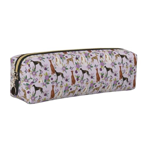 LfearTesa Bleistifttasche, Federmäppchen aus Leder, Schreibwaren-Organizer-Box,Windhund Blumen Hell Lila von LfearTesa