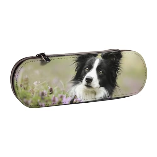 LfearTesa Hartschalen-Federmäppchen, Schreibwaren-Organizer, Federmäppchen und Make-up-Tasche aus Leder, Border Collie Lawn Black Border Collie Pets von LfearTesa