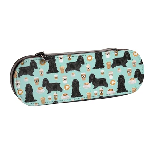 LfearTesa Hartschalen-Federmäppchen, Schreibwaren-Organizer, Federmäppchen und Make-up-Tasche aus Leder, Cocker Spaniel mit Kaffee, schwarzer Cocker Spaniel von LfearTesa