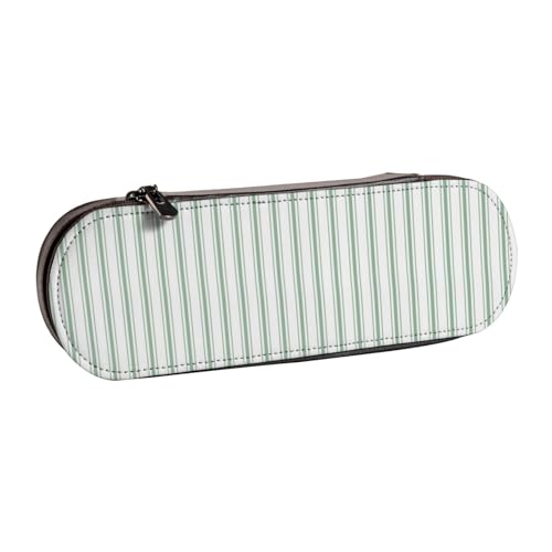 LfearTesa Hartschalen-Federmäppchen, Schreibwaren-Organizer, Federmäppchen und Make-up-Tasche aus Leder, Matratzenbezug mit schmalen Streifen in Moosgrün und Weiß von LfearTesa