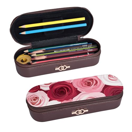 LfearTesa Hartschalen-Federmäppchen, Schreibwaren-Organizer, Federmäppchen und Make-up-Tasche aus Leder, Rosenmuster, Blumenmuster, Pink von LfearTesa