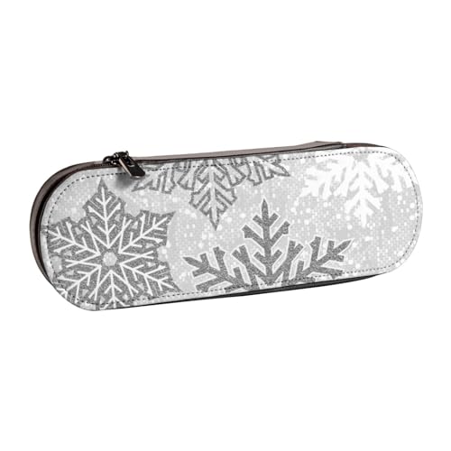 LfearTesa Hartschalen-Federmäppchen, Schreibwaren-Organizer, Federmäppchen und Make-up-Tasche aus Leder, Weihnachts-Funkelnde silbergraue und weiße Schneeflocken von LfearTesa