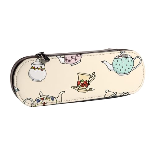 LfearTesa Hartschalen-Federmäppchen, Schreibwaren-Organizer, Federmäppchen und Make-up-Tasche aus Leder, handgezeichnete Vintage-Teekannen von LfearTesa