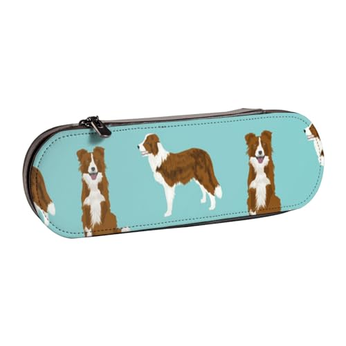 LfearTesa Hartschalen-Federmäppchen, Schreibwaren-Organizer, Leder, Federmäppchen und Make-up-Tasche, Border Collie, rotes Fell, Hund, Haustier von LfearTesa