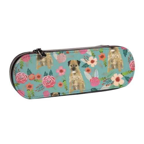 LfearTesa Hartschalen-Federmäppchen, Schreibwaren-Organizer, Leder, Federmäppchen und Make-up-Tasche, Border Terrier, Blumenmuster von LfearTesa