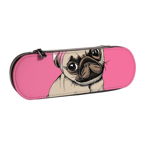 LfearTesa Hartschalen-Federmäppchen, Schreibwaren-Organizer, Leder, Federmäppchen und Make-up-Tasche, Cartoon-Mops mit rosa Schleife von LfearTesa