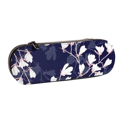 LfearTesa Hartschalen-Federmäppchen, Schreibwaren-Organizer, Leder, Federmäppchen und Make-up-Tasche, Marineblau, Magnolienblumen von LfearTesa