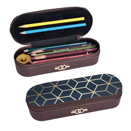 LfearTesa Hartschalen-Federmäppchen, Schreibwaren-Organizer, Leder, Federmäppchen und Make-up-Tasche, Marineblau/Gold von LfearTesa