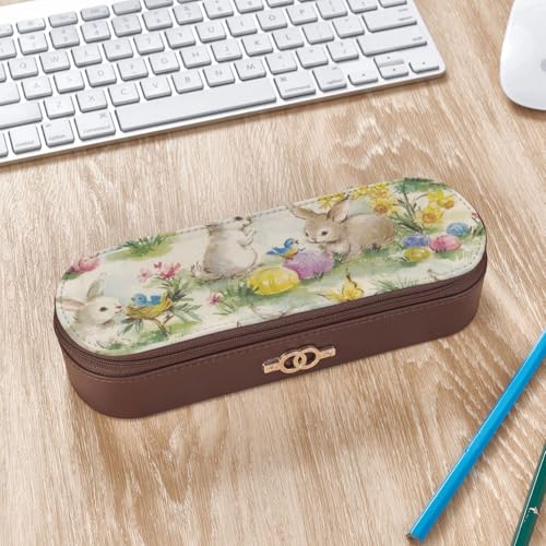 LfearTesa Hartschalen-Federmäppchen, Schreibwaren-Organizer, Leder, Federmäppchen und Make-up-Tasche, Vintage-Blumen-Kaninchen-Häschen-Ostern von LfearTesa