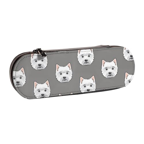 LfearTesa Hartschalen-Federmäppchen, Schreibwaren-Organizer, Leder, Federmäppchen und Make-up-Tasche, Westie West Highland White Terrier Hunde auf Grau von LfearTesa