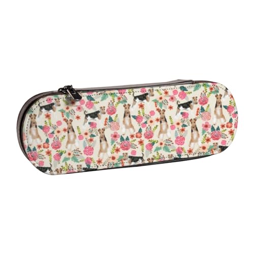 LfearTesa Hartschalen-Federmäppchen, Schreibwaren-Organizer, Leder, Federmäppchen und Make-up-Tasche, Wire Fox Terrier Dogs, Ostern, Blumen, Blumenmuster von LfearTesa