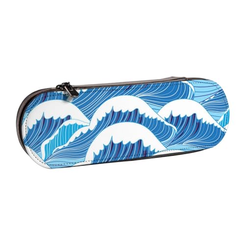 LfearTesa Hartschalen-Federmäppchen, Schreibwaren-Organizer, Leder, Federmäppchen und Make-up-Tasche, blaues Meereswellenmuster von LfearTesa