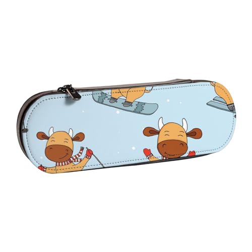 LfearTesa Hartschalen-Federmäppchen, Schreibwaren-Organizer, Leder, Federmäppchen und Make-up-Tasche, lustiges Kühe-Skifahren von LfearTesa
