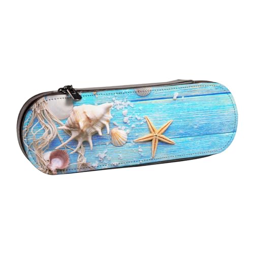 LfearTesa Hartschalen-Federmäppchen, Schreibwaren-Organizer, Leder-Federmäppchen und Make-up-Tasche, Seestern-Muscheln-Netz, Holzhintergrund von LfearTesa