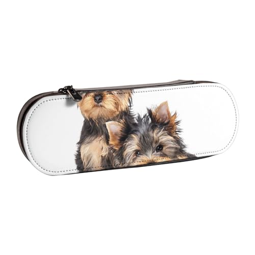 LfearTesa Hartschalen-Federmäppchen, Schreibwaren-Organizer, Leder-Federmäppchen und Make-up-Tasche, Zwei Yorkshire-Terrier-Welpen von LfearTesa