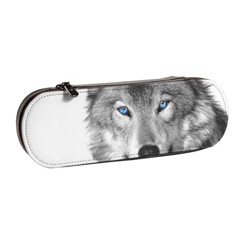 LfearTesa Hartschalen-Federmäppchen, Schreibwaren-Organizer, Leder-Federmäppchen und Make-up-Tasche, blauäugiger Wolf von LfearTesa