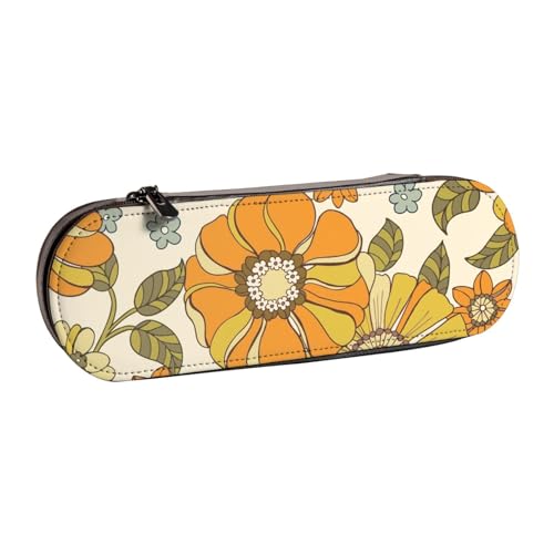 LfearTesa Hartschalen-Federmäppchen, Schreibwaren-Organizer, Leder-Federmäppchen und Make-up-Tasche, buntes Retro-Blumenmuster der 70er Jahre von LfearTesa
