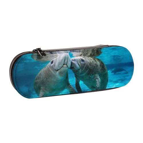 LfearTesa Hartschalen-Federmäppchen, Schreibwaren-Organizer, Leder-Federmäppchen und Make-up-Tasche, niedlicher Kuss von Seekuh-Liebhabern von LfearTesa