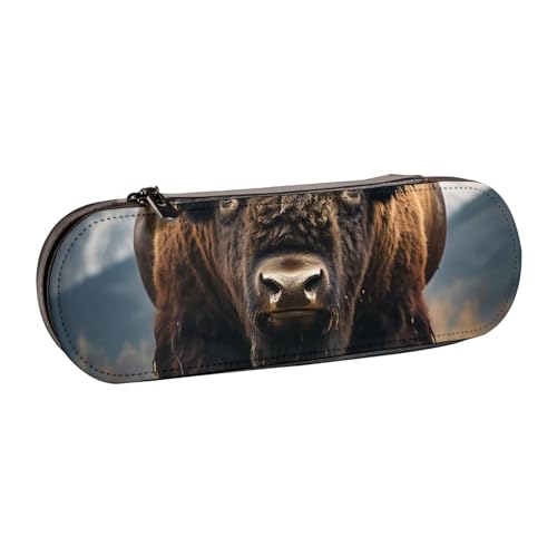 LfearTesa Hartschalen-Federmäppchen, Schreibwaren-Organizer, Leder-Federmäppchen und Make-up-Tasche, nordamerikanischer Bison von LfearTesa