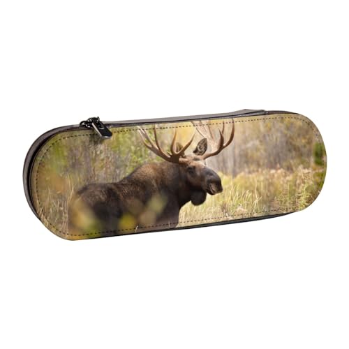 LfearTesa Hartschalen-Federmäppchen, Schreibwaren-Organizer, Leder-Federmäppchen und Make-up-Tasche, wildes Tier, Elch, Stan im Wald von LfearTesa