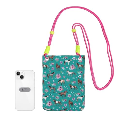 LfearTesa Kleine Umhängetasche, Handy-Geldbörse, Geldbörse, Umhängetasche, Pferdemuster, Blumendruck, Pferde, Zimmer für kleine Mädchen,Fuchsia von LfearTesa