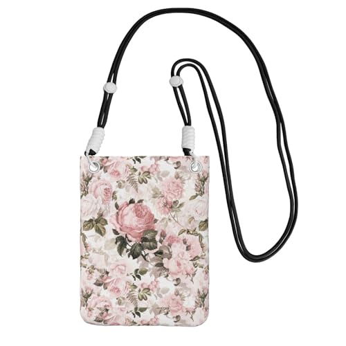 LfearTesa Kleine Umhängetasche, Handy-Geldbörse, Umhängetasche, Vintage, Shabby Chic, Sepia, rosa Rosen,Schwarz von LfearTesa