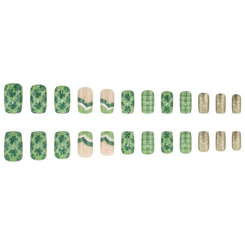 Drücken Auf Nägel Französische Spitze Falsche Nägel Grüne Shamrock Glitzer Full Covers Acrylstab Auf Nägeln Für Frauen Und Mädchen von LfrXtra