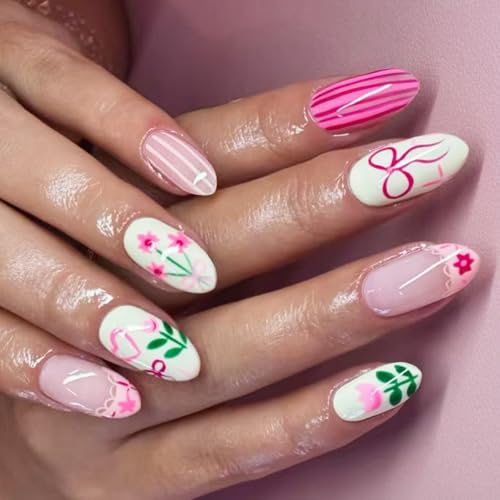 Künstliche Fingernägel, Mandel, Blume, französische Kunstnägel, Acryl, künstliche Nägel, zum Aufkleben, für Damen, 24 Stück von LfrXtra