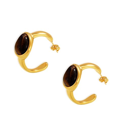 LfrXtra Handgefertigter Damen-Schmuck, modische Tigeraugen-Stein-Creolen, Ringe mit goldfarbenem C-förmigem Design, Accessoire für modische Frauen von LfrXtra