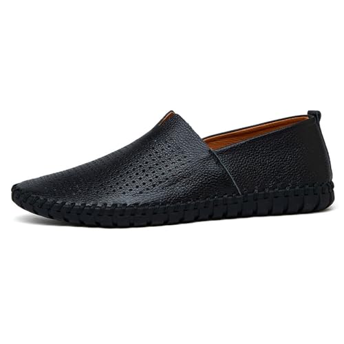 Herren-Loafer-Schuhe, bequeme, lässige Herren-Loafer mit atmungsaktivem Loch, rutschfeste, verschleißfeste Herren-Leder-Loafer, geeignet for Büro, Arbeit, Gehen, Autofahren ( Color : Black , Size : 48 von Lfzhjzc